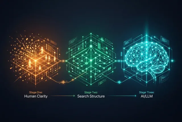 The 3LA journey from chaos to structure across three glowing layers: human clarity in orange, search structure in green and AI readiness in cyan.
